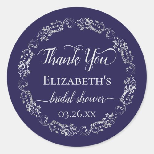 Silver Lace on Navy Blue Bridal Shower Thank You Classic Round Sticker