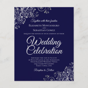 Elegant Navy and Silver Wedding Invitation,Navy Blue,Silver Glitter Print,Silver Flourish,Silver,Shimmery,Printed Invitation,Wedding Set