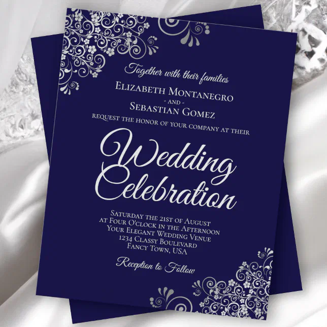 Silver Lace on Navy Blue BUDGET Wedding Invitation | Zazzle