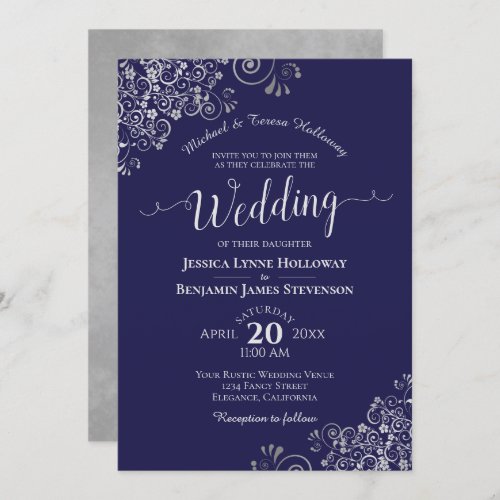 Silver Lace on Navy Blue Elegant Formal Wedding Invitation