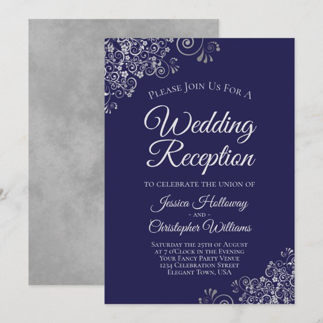 Silver Lace on Navy Blue Elegant Wedding Reception Invitation (Front/Back)