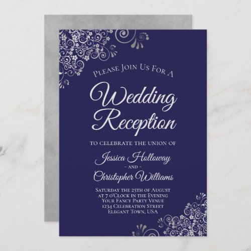 Silver Lace on Navy Blue Elegant Wedding Reception Invitation