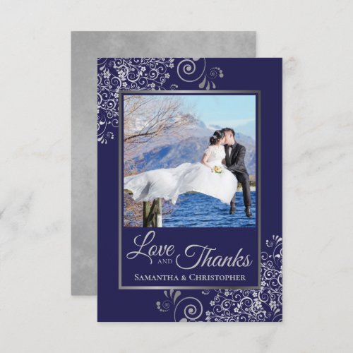 Silver Lace on Navy Blue Love  Thanks Wedding Thank You Card