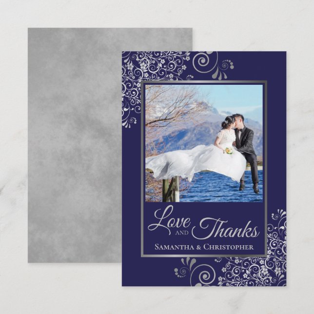 Silver Lace on Navy Blue Love & Thanks Wedding Thank You Card (Front/Back)