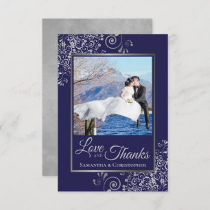 Silver Lace on Navy Blue Love & Thanks Wedding Thank You Card