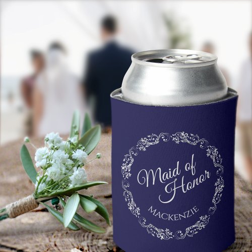 Silver Lace on Navy Blue Maid of Honor Wedding Can Cooler