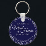 Silver Lace on Navy Blue Maid of Honor Wedding Keychain<br><div class="desc">These beautiful keychains are designed to be given as a gift or wedding favor to your maid of honor. The elegant design features a frilly silver gray faux foil border with pale gray text on a navy blue background. There is space for her name, the wedding date and the names...</div>
