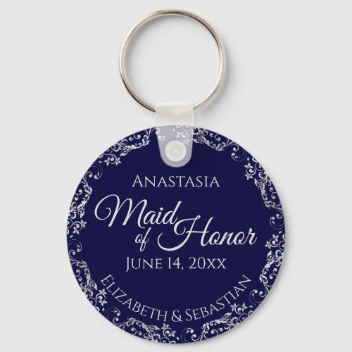Silver Lace on Navy Blue Maid of Honor Wedding Keychain