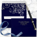 Silver Lace on Navy Blue Simple Elegant Wedding Envelope<br><div class="desc">This beautiful wedding envelope is features a dark navy blue background with silver gray floral curls and swirls on the inside flap. There is a printed return address on the back flap in fancy script lettering. The design is understated and simple, yet classic, chic and ornate. Perfect way to make...</div>