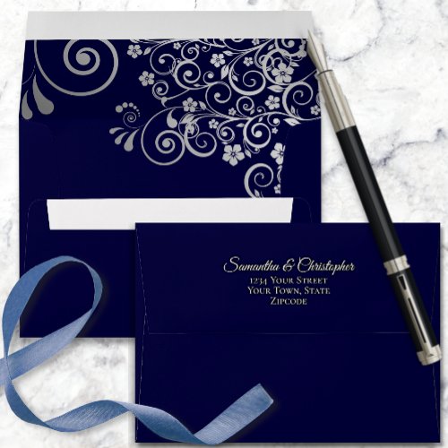 Silver Lace on Navy Blue Simple Elegant Wedding Envelope