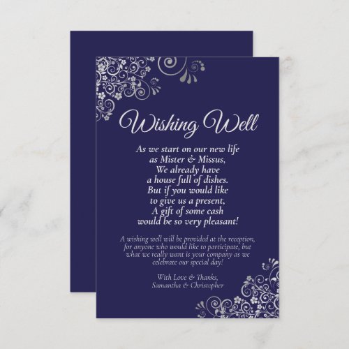 Silver Lace on Navy Blue Wedding Wishing Well Poem Enclosure Card