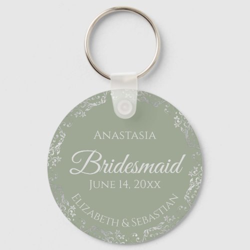 Silver Lace on Sage Green Bridesmaid Wedding Keychain