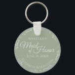 Silver Lace on Sage Green Maid of Honor Wedding Keychain<br><div class="desc">These beautiful keychains are designed to be given as a gift or wedding favor to your maid of honor. The elegant design features a frilly silver gray faux foil border with pale gray text on a sage green background. There is space for her name, the wedding date and the names...</div>