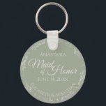 Silver Lace on Sage Green Maid of Honor Wedding Keychain<br><div class="desc">These beautiful keychains are designed to be given as a gift or wedding favor to your maid of honor. The elegant design features a frilly silver gray faux foil border with pale gray text on a sage green background. There is space for her name, the wedding date and the names...</div>