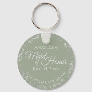 Silver Lace on Sage Green Maid of Honor Wedding Keychain