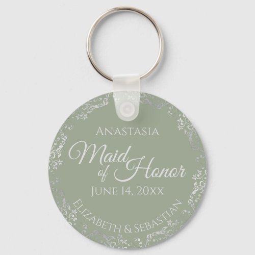 Silver Lace on Sage Green Maid of Honor Wedding Keychain