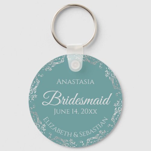 Silver Lace on Teal Elegant Bridesmaid Wedding Keychain