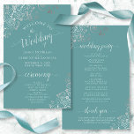 Silver Lace on Teal Elegant Budget Wedding Program<br><div class="desc">These wedding programs are elegant and tasteful, while still being budget friendly. The design features ornate silver gray faux foil lace with pale gray text on a teal or turquoise colored background. The typography features lacy script calligraphy, and there is room for details on the ceremony, the bridal party, and...</div>