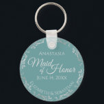 Silver Lace on Teal Elegant Maid of Honor Wedding Keychain<br><div class="desc">These beautiful keychains are designed to be given as a gift or wedding favor to your maid of honor. The elegant design features a frilly silver gray faux foil border with pale gray text on a teal or turquoise background. There is space for her name, the wedding date and the...</div>
