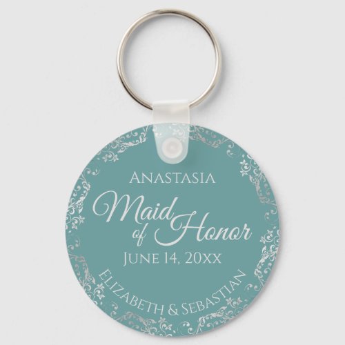 Silver Lace on Teal Elegant Maid of Honor Wedding Keychain