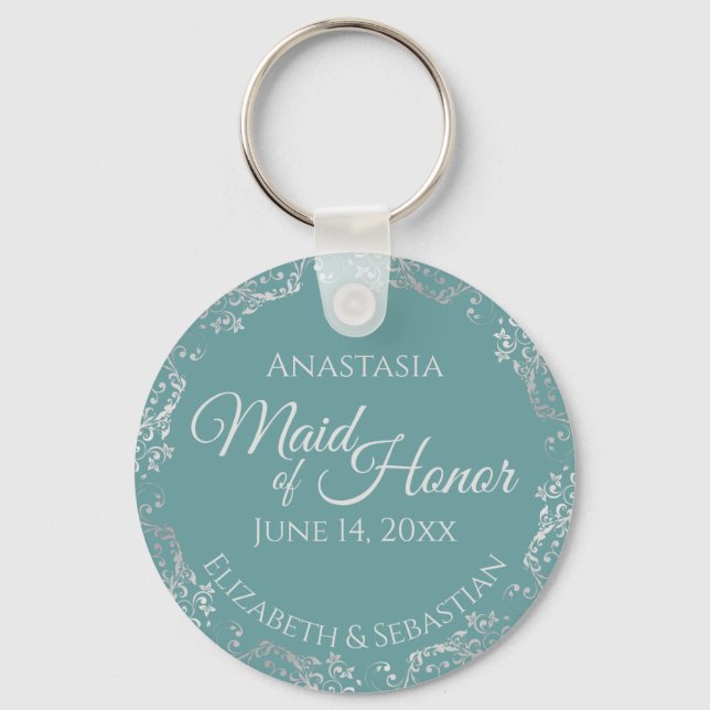 Silver Lace on Teal Elegant Maid of Honor Wedding Keychain (Front)