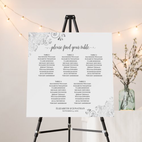 Silver Lace on White 5 Table Wedding Seating Chart Foam Board