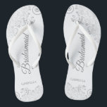 Silver Lace on White Elegant Bridesmaid Wedding Flip Flops<br><div class="desc">These elegant wedding flip flops are a great way to thank and recognize your bridesmaids, while giving their feet a rest after a long day. The beautiful design features an elegant design with silver gray lace frills on a white background and fancy grey script lettering. The text reads Bridesmaid with...</div>