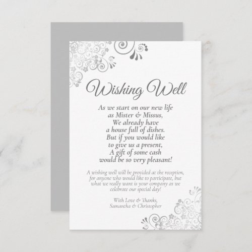 Silver Lace on White Wedding Wishing Well Poem Enclosure Card