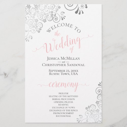 Silver Lace Pink on White Budget Wedding Program