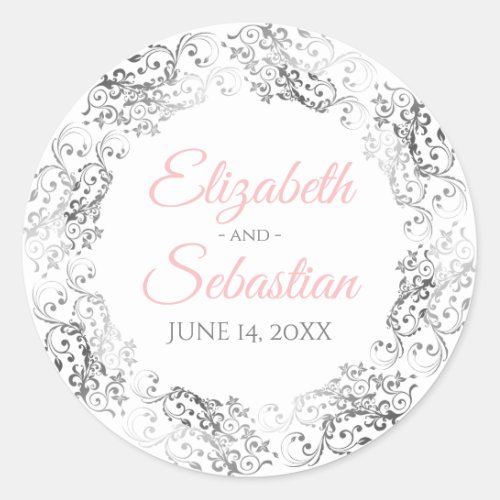 Silver Lace  Pink Script Elegant White Wedding  Classic Round Sticker