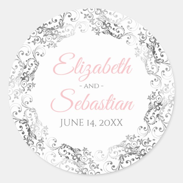 Silver Lace & Pink Script Elegant White Wedding  Classic Round Sticker (Front)