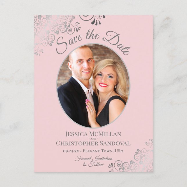 Silver Lace Pink Wedding Save the Date Oval Photo Announcement Postcard (Front)