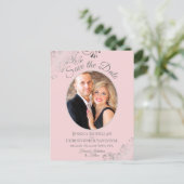 Silver Lace Pink Wedding Save the Date Oval Photo Announcement Postcard (Standing Front)