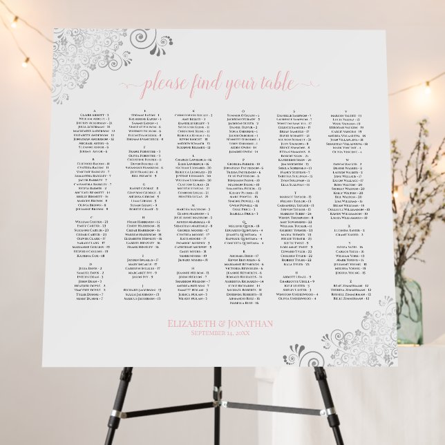 Silver Lace Pink White Alphabetical Seating Chart Foam Board (In Situ (Stand))