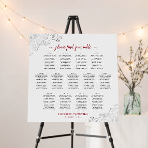 Silver Lace & Red 13 Table White Seating Chart Foam Board