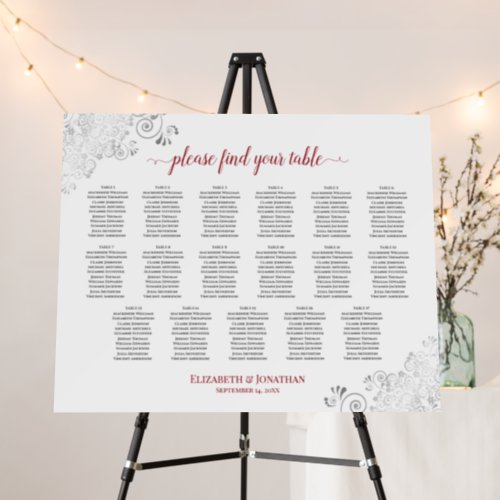 Silver Lace  Red 17 Table White Seating Chart Foam Board