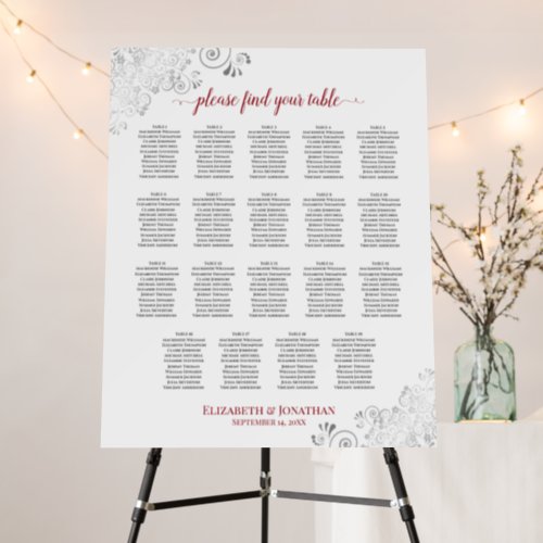 Silver Lace  Red 19 Table White Seating Chart Foam Board