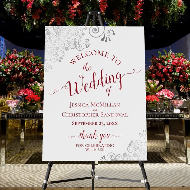 Silver Lace & Red Calligraphy Wedding Welcome Foam Board (In Situ on Stand with Flowers)