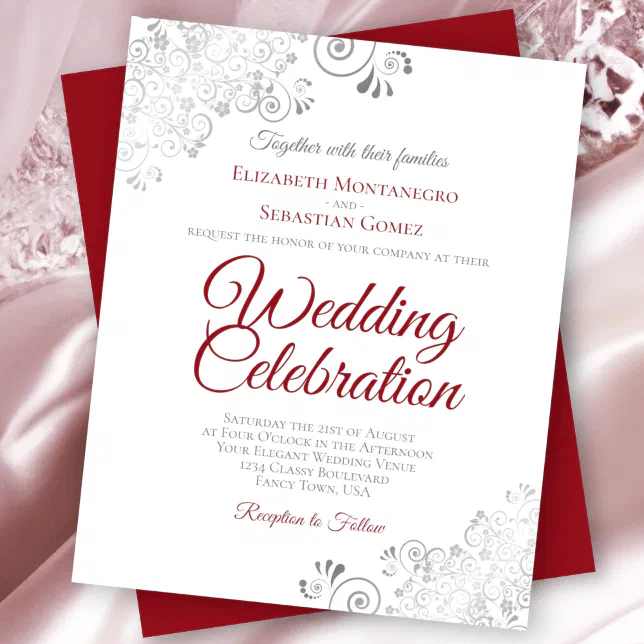 Silver Lace Red on White BUDGET Wedding Invitation | Zazzle