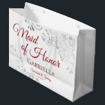 Silver Lace Red on White Maid of Honor Wedding Large Gift Bag<br><div class="desc">This beautiful gift bag is designed as a wedding gift or favor bag for the Maid of Honor. It features an elegant design with silver faux foil lace frills and crimson red colored text reading "Maid of Honor" as well as a place to enter her name, the couple's name, and...</div>