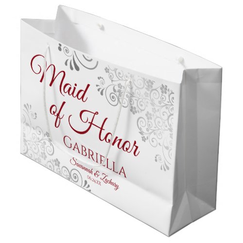 Silver Lace Red on White Maid of Honor Wedding Large Gift Bag