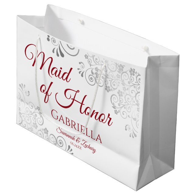 Silver Lace Red on White Maid of Honor Wedding Large Gift Bag (Front Angled)