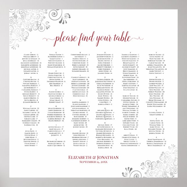 Silver Lace Red Script Alphabetical Seating Chart (Front)