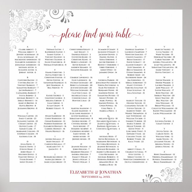 Silver Lace Red Script Alphabetical Seating Chart (Front)
