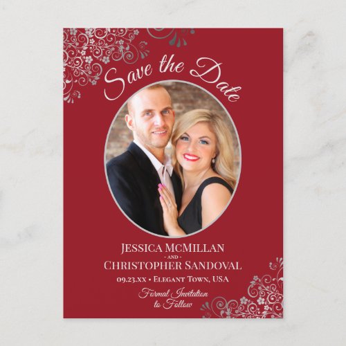 Silver Lace  Red Wedding Save the Date Oval Photo Announcement Postcard