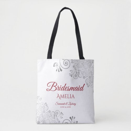 Silver Lace Red  White Bridesmaid Wedding Tote Bag