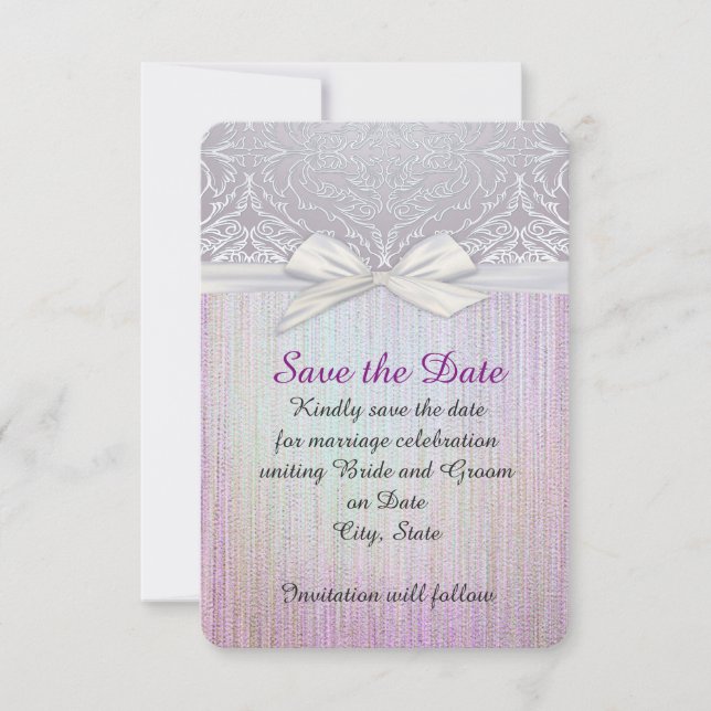 Silver Lace Ribbon Lavender Pastel Save the date (Front)