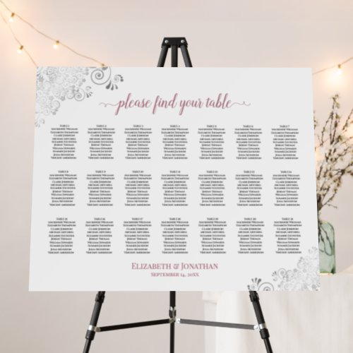 Silver Lace  Rose 21 Table White Seating Chart Foam Board