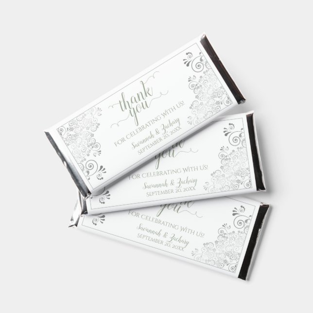 Silver Lace Sage Green on White Wedding Thank You Hershey Bar Favors (Front)
