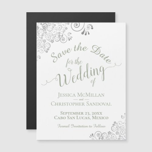 Silver Lace Sage Green Save the Date White Magnet